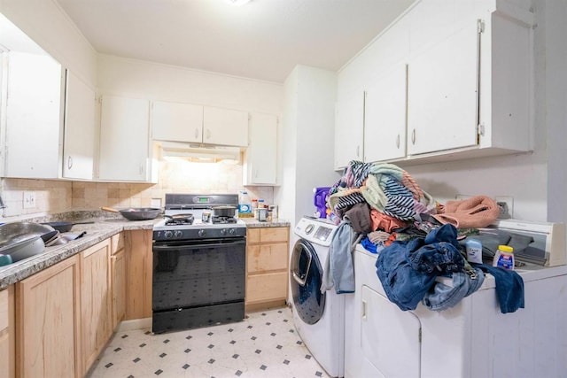 kitchen with gas stove, separate washer and dryer, light brown cabinets, and white cabinets