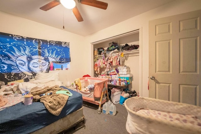 bedroom featuring a closet, ceiling fan, and carpet flooring