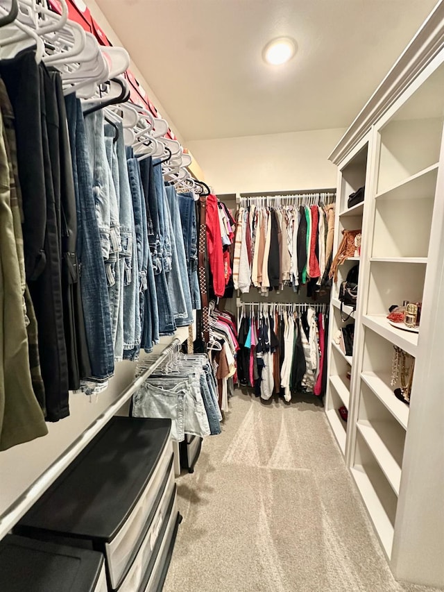 walk in closet featuring light colored carpet