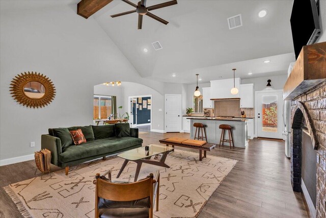 6803 52nd St, Lubbock, TX 79407 - living area featuring baseboards, high vaulted ceiling, recessed lighting, wood finished floors, and ceiling fan
