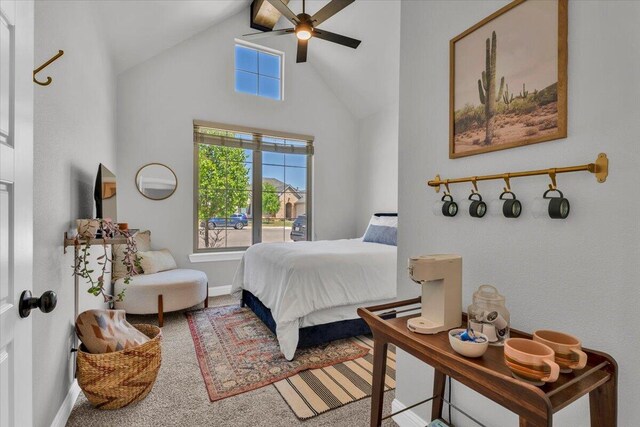 6803 52nd St, Lubbock, TX 79407 - bedroom with baseboards, high vaulted ceiling, and ceiling fan