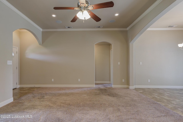 5207 Jarvis St, Lubbock, TX 79416 - empty room with ceiling fan, ornamental molding, arched walkways, recessed lighting, and baseboards