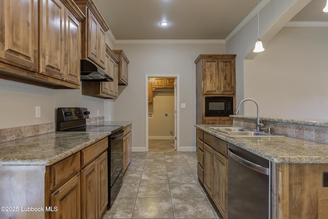 5207 Jarvis St, Lubbock, TX 79416 - kitchen featuring black appliances, a sink, under cabinet range hood, ornamental molding, and pendant lighting
