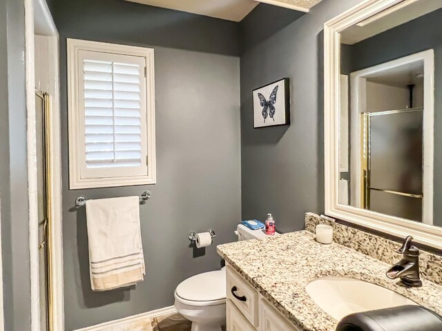 bathroom with vanity, toilet, and walk in shower