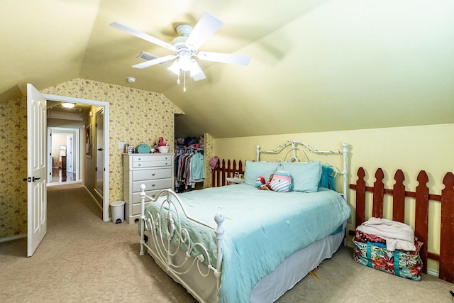 4306 Alcove Ave, Lubbock, TX 79407 - bedroom featuring lofted ceiling, light carpet, visible vents, and a ceiling fan