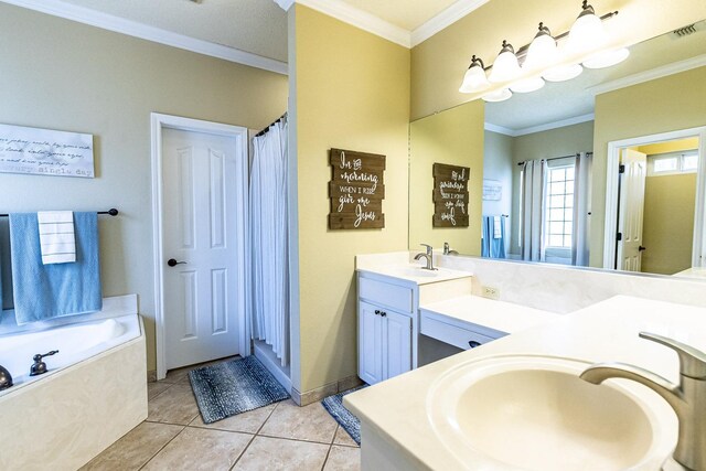 4306 Alcove Ave, Lubbock, TX 79407 - full bath with a sink, crown molding, tile patterned flooring, double vanity, and a garden tub