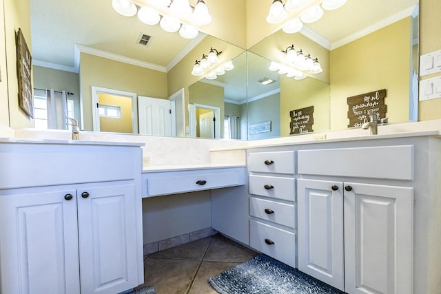 4306 Alcove Ave, Lubbock, TX 79407 - bathroom featuring ornamental molding, tile patterned floors, visible vents, and double vanity