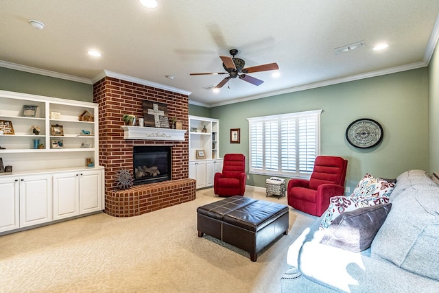 4306 Alcove Ave, Lubbock, TX 79407 - living room with light colored carpet, visible vents, recessed lighting, crown molding, and a ceiling fan