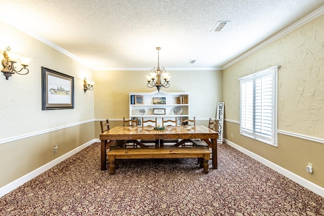 4306 Alcove Ave, Lubbock, TX 79407 - carpeted dining area featuring ornamental molding, a notable chandelier, visible vents, and a textured ceiling