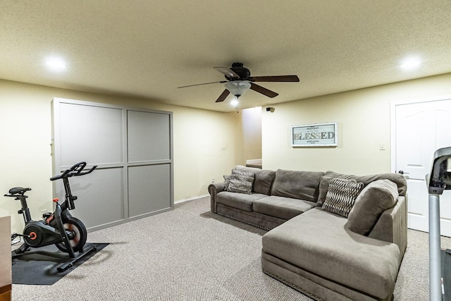 4306 Alcove Ave, Lubbock, TX 79407 - carpeted living room with a textured ceiling, baseboards, a ceiling fan, and recessed lighting
