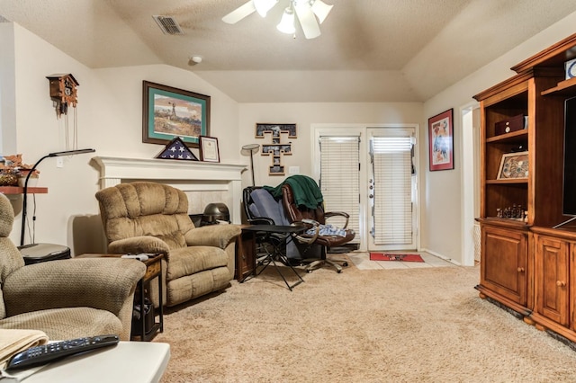 living room with lofted ceiling, light carpet, and ceiling fan