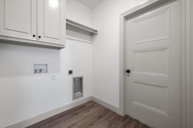 3630 120th St, Lubbock, TX 79423 - washroom featuring hookup for a washing machine, cabinet space, dark wood-style floors, baseboards, and hookup for an electric dryer