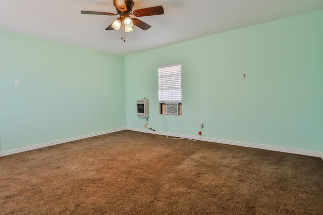 carpeted spare room featuring heating unit, ceiling fan, and cooling unit