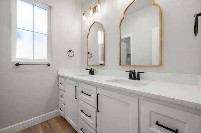 bathroom with hardwood / wood-style flooring, vanity, and plenty of natural light