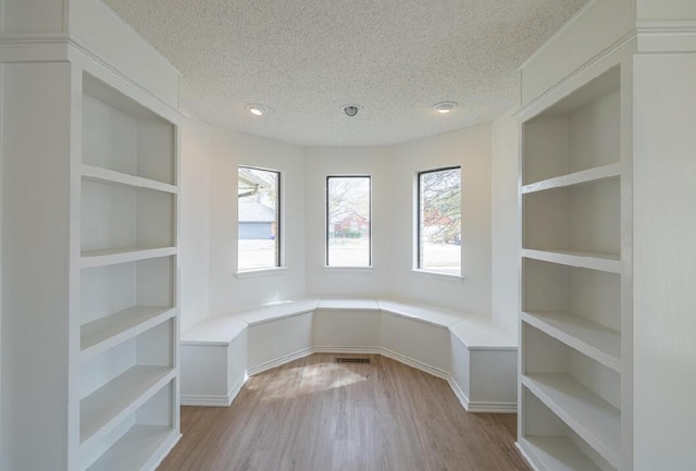 interior space with wood finished floors and a textured ceiling