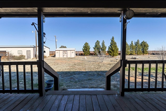 deck with a storage shed