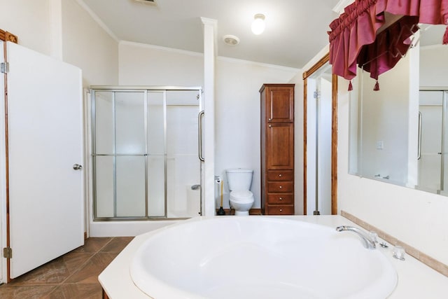 bathroom with toilet, tile patterned floors, ornamental molding, and plus walk in shower