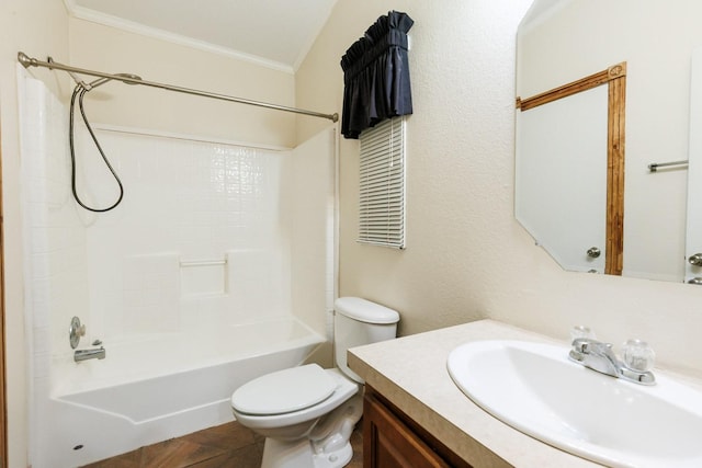 full bathroom with vanity, ornamental molding, bathing tub / shower combination, and toilet