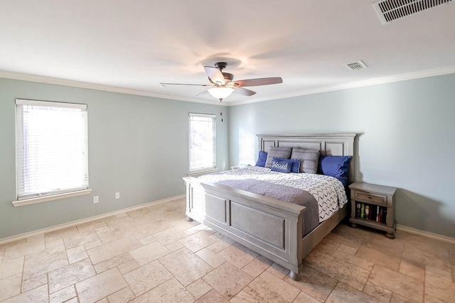 bedroom with ornamental molding and ceiling fan