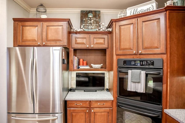 kitchen featuring stainless steel refrigerator, ornamental molding, and double oven