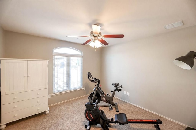 workout room with ceiling fan and carpet flooring