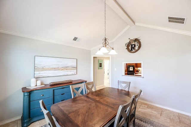 dining area with ornamental molding and lofted ceiling with beams