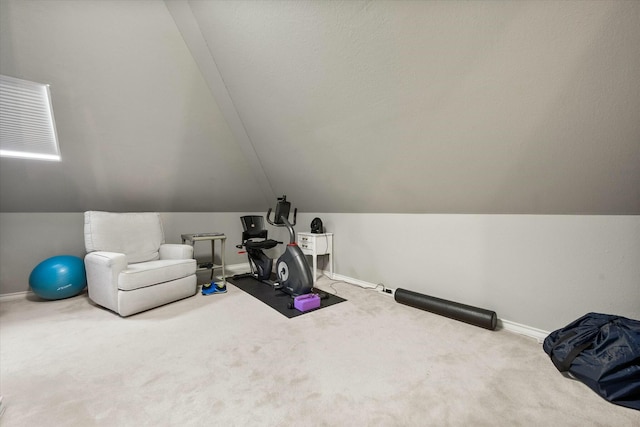 9214 York Pl, Lubbock, TX 79424 - workout area featuring carpet flooring, baseboards, and vaulted ceiling