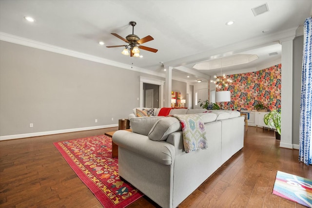 9214 York Pl, Lubbock, TX 79424 - living area with visible vents, ornamental molding, baseboards, and dark wood-style floors