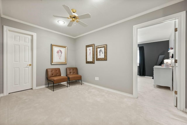 9214 York Pl, Lubbock, TX 79424 - living area featuring crown molding, baseboards, light carpet, and a ceiling fan