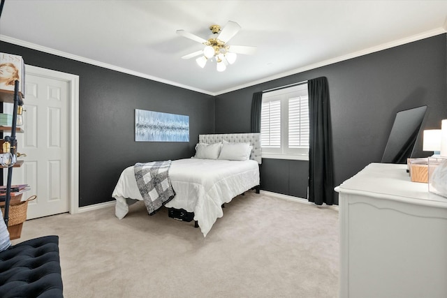9214 York Pl, Lubbock, TX 79424 - bedroom featuring crown molding, baseboards, ceiling fan, and light carpet