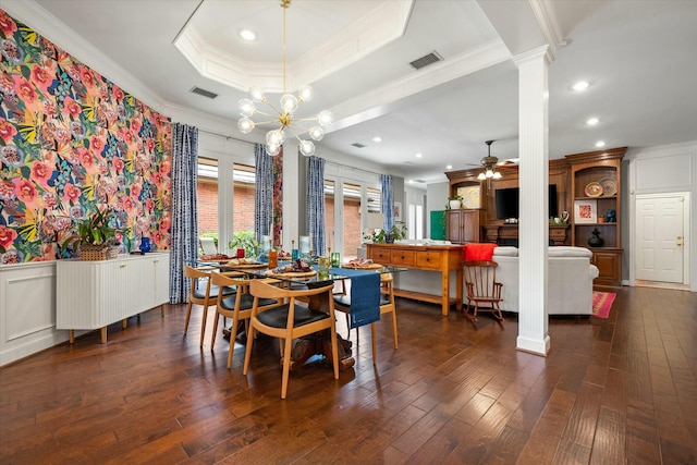 9214 York Pl, Lubbock, TX 79424 - dining room with crown molding, ornate columns, and visible vents
