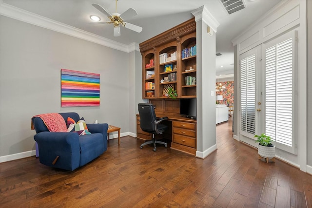 9214 York Pl, Lubbock, TX 79424 - home office featuring ceiling fan, visible vents, dark wood finished floors, baseboards, and ornamental molding
