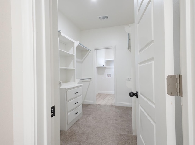 spacious closet featuring light colored carpet