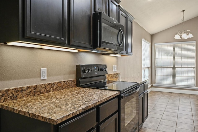 kitchen with lofted ceiling, light tile patterned floors, pendant lighting, a notable chandelier, and black appliances