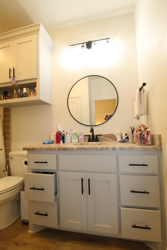 bathroom featuring vanity, toilet, and wood finished floors