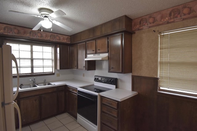 kitchen with electric range oven, wooden walls, sink, white refrigerator, and dark brown cabinetry