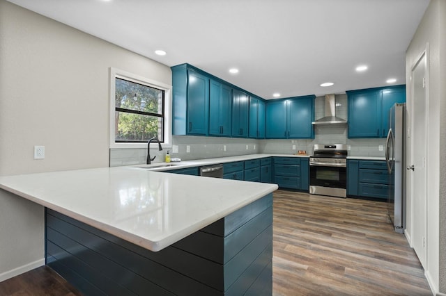 kitchen with appliances with stainless steel finishes, sink, wall chimney exhaust hood, and kitchen peninsula