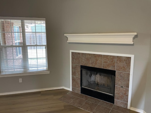 room details featuring hardwood / wood-style floors and a fireplace