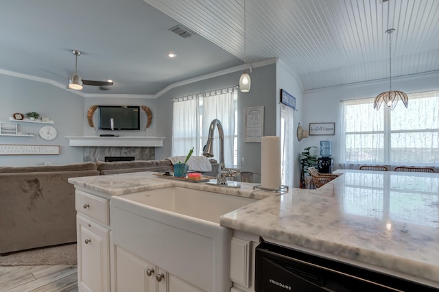 kitchen with dishwasher, ornamental molding, a healthy amount of sunlight, and visible vents