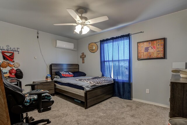 bedroom featuring an AC wall unit, carpet floors, a ceiling fan, and baseboards
