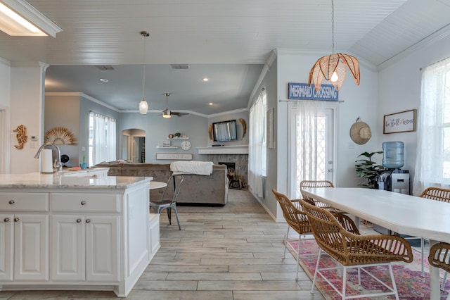 kitchen featuring a fireplace, visible vents, light wood finished floors, and a wealth of natural light