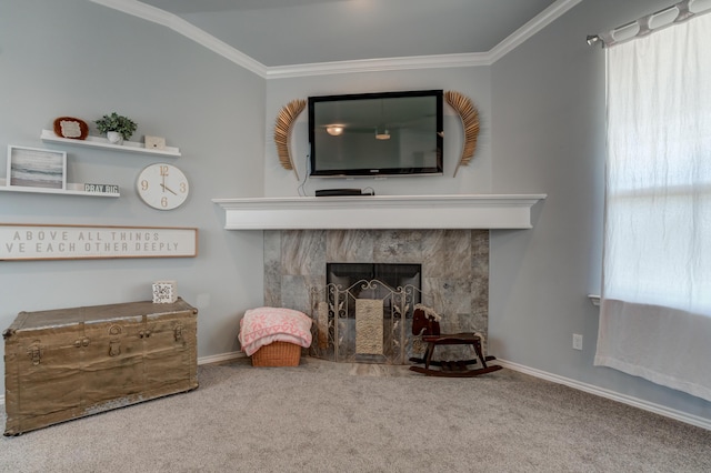 carpeted living area with baseboards, ornamental molding, and a fireplace