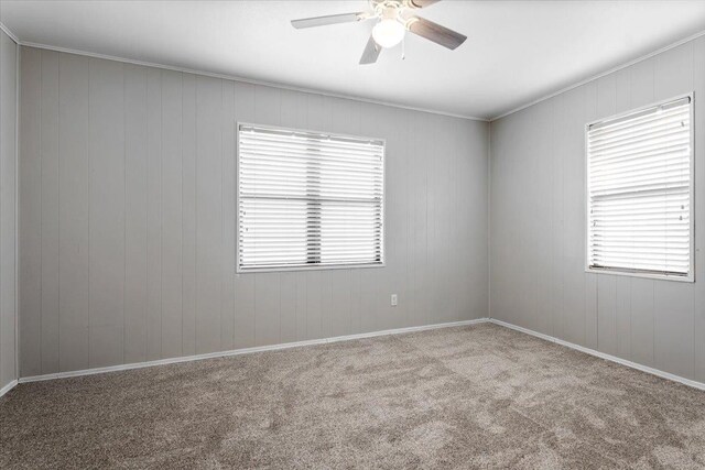 carpeted spare room with ceiling fan