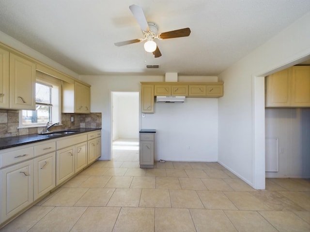 kitchen with sink, decorative backsplash, and ceiling fan