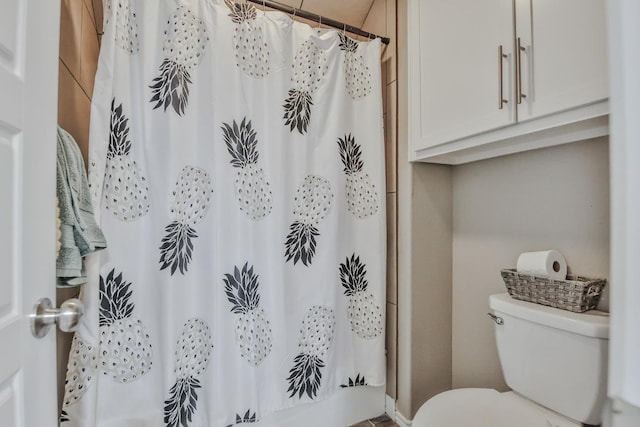 bathroom with toilet and a shower with shower curtain