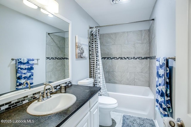 1308 Nottingham Ave, Wolfforth, TX 79382 - bathroom with vanity, shower / bathtub combination with curtain, and tile patterned flooring
