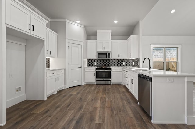 kitchen featuring white cabinetry, sink, kitchen peninsula, and appliances with stainless steel finishes