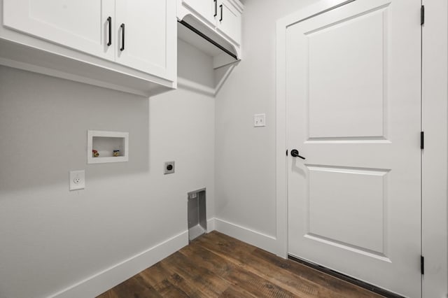 laundry area with cabinets, electric dryer hookup, dark wood-type flooring, and washer hookup