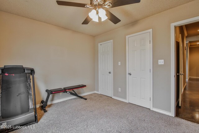 5902 Valencia Ave, Lubbock, TX 79407 - exercise area featuring ceiling fan, baseboards, and carpet