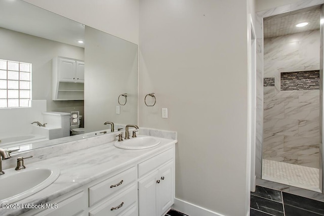 8 W Canyonview Dr, Ransom Canyon, TX 79366 - full bath with double vanity, a garden tub, marble look tile flooring, and a tile shower